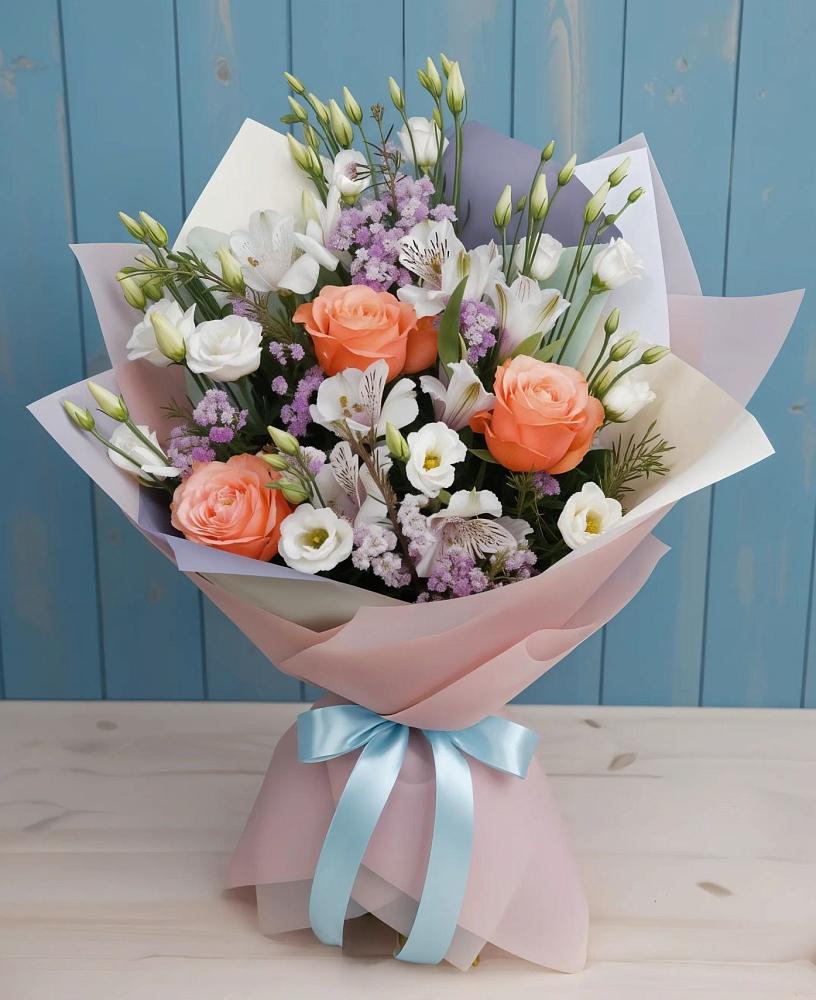 Букет цветов из: Лизиантусы, Розы, Альстромерии и Гипсофила в Тербунах